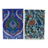 Two Turkish Iznik pottery tiles hand painted with flowers, the largest 24.5cm x 16.5cm
