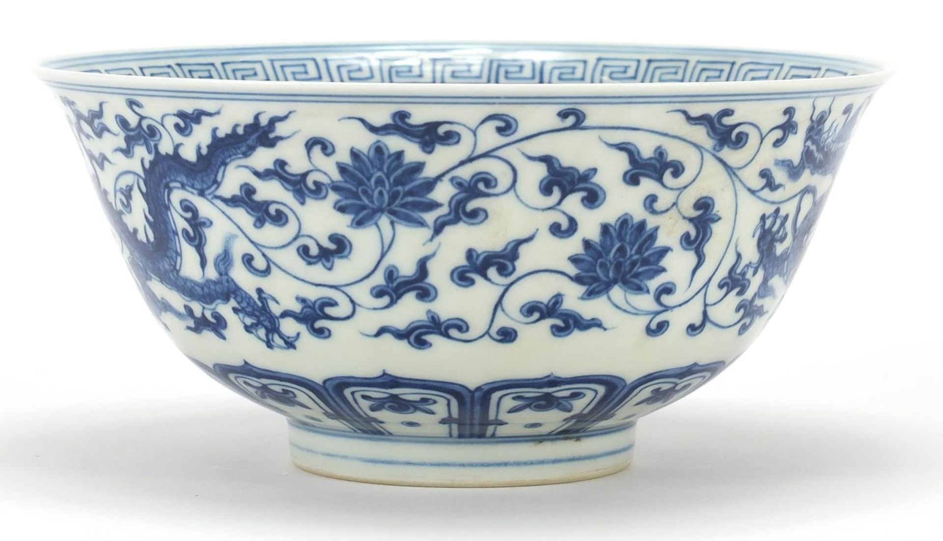 Chinese blue and white porcelain bowl hand painted with dragons, six figure character marks to the - Image 2 of 10