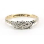 9ct gold diamond three stone ring, size M, 1.6g