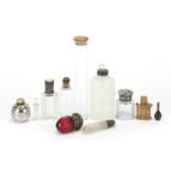 19th century and later glass perfume bottles, mainly having silver tops including a silver crown