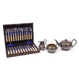 J H Potter, canteen of twelve fish knives and forks and a Victorian silver plated three piece tea