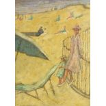 Mother and child on a beach beside metal railings, oil on board, indistinctly signed, mounted,