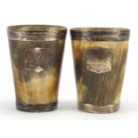 Pair of 19th century Scottish horn beakers with silver mounts, each 12.5cm high