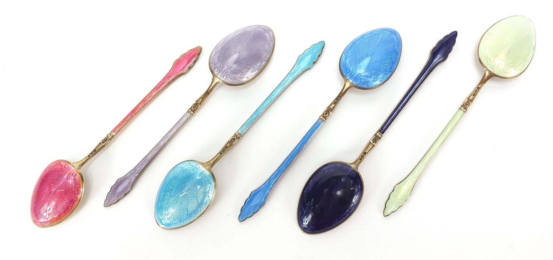 Set of six sterling silver and guilloche enamel teaspoons, 10cm in length, 68.4g - Image 5 of 6