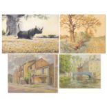 Venetian canal, landscapes and rhino, four watercolours and pastels, mounted, unframed, the
