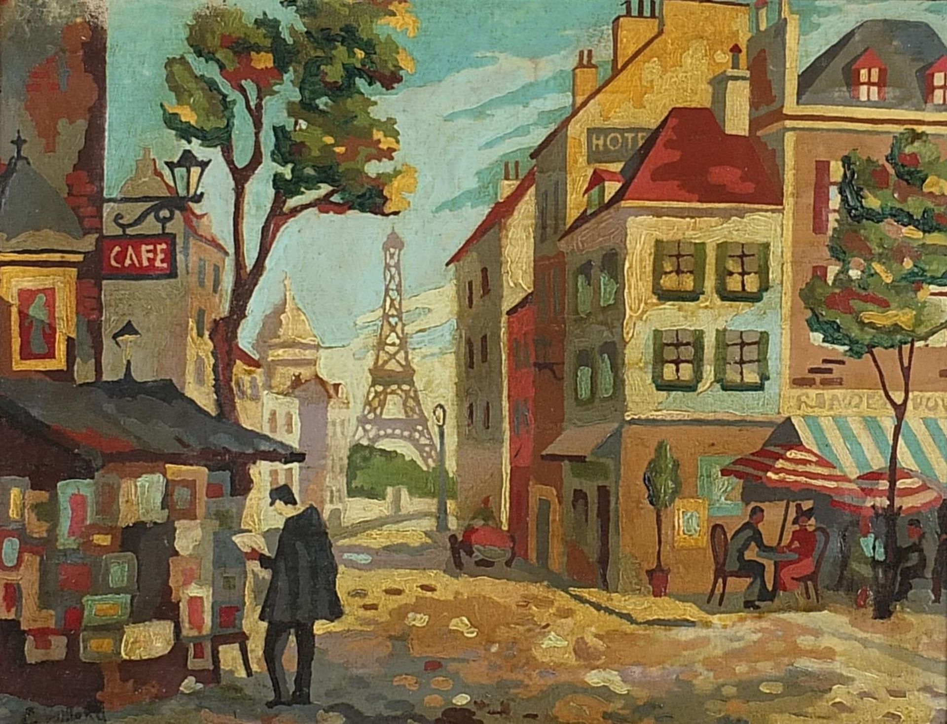 Parisian street scene before the Eiffel Tower, oil on canvas laid on board, bearing an indistinct