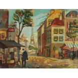 Parisian street scene before the Eiffel Tower, oil on canvas laid on board, bearing an indistinct