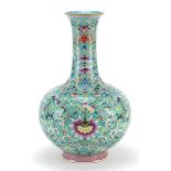 Large Chinese porcelain turquoise ground vase, finely hand painted in the famille rose palette