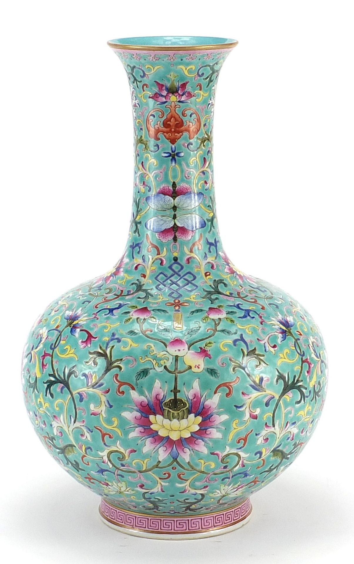 Large Chinese porcelain turquoise ground vase, finely hand painted in the famille rose palette