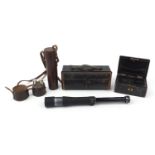 Objects including cased binocular, scent bottles, Victorian jewellery box and a British World War II