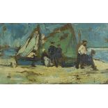 Fishermen resting beside boats, oil on canvas bearing an indistinct monogram, possibly EB, mounted