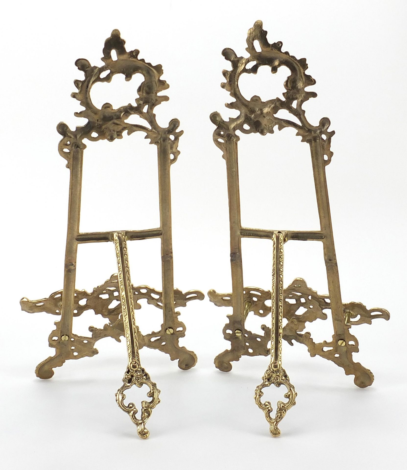 Pair of Rococo style brass easel stands, 38cm high - Image 3 of 4