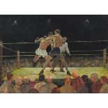 John Vauxall - Boxers in the ring, Tunney V Dempsey, signed watercolour, mounted, framed and glazed,