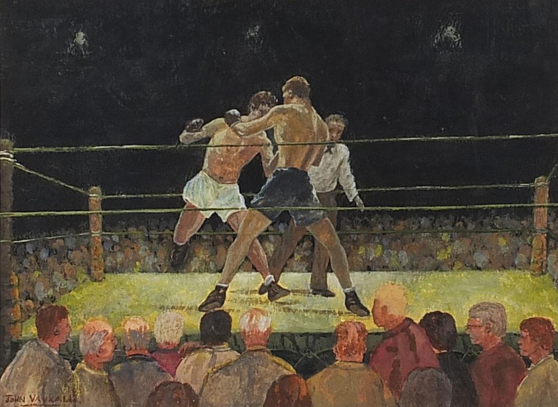 John Vauxall - Boxers in the ring, Tunney V Dempsey, signed watercolour, mounted, framed and glazed,