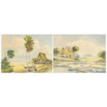 Balinese village and seascape, two watercolours, unframed, each 38cm x 28cm