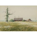 Farmland and derelict buildings, watercolour, indistinctly signed, possibly Bisson, mounted,