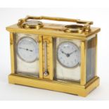 Brass cased travelling timepiece with barometer, clock, thermometer and compass, the barometer and