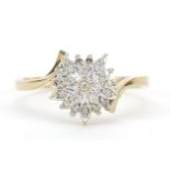 9ct gold diamond cluster three tier ring, size P, 2.1g