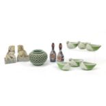 Chinese and Japanese ceramics to include a celadon vase, two Imari vases, six Japanese cups with