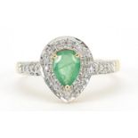 18ct gold emerald and diamond teardrop ring, size N, 3.0g