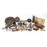 Sundry items and metalware including postage scales, brass candlesticks, cast iron trivet and copper
