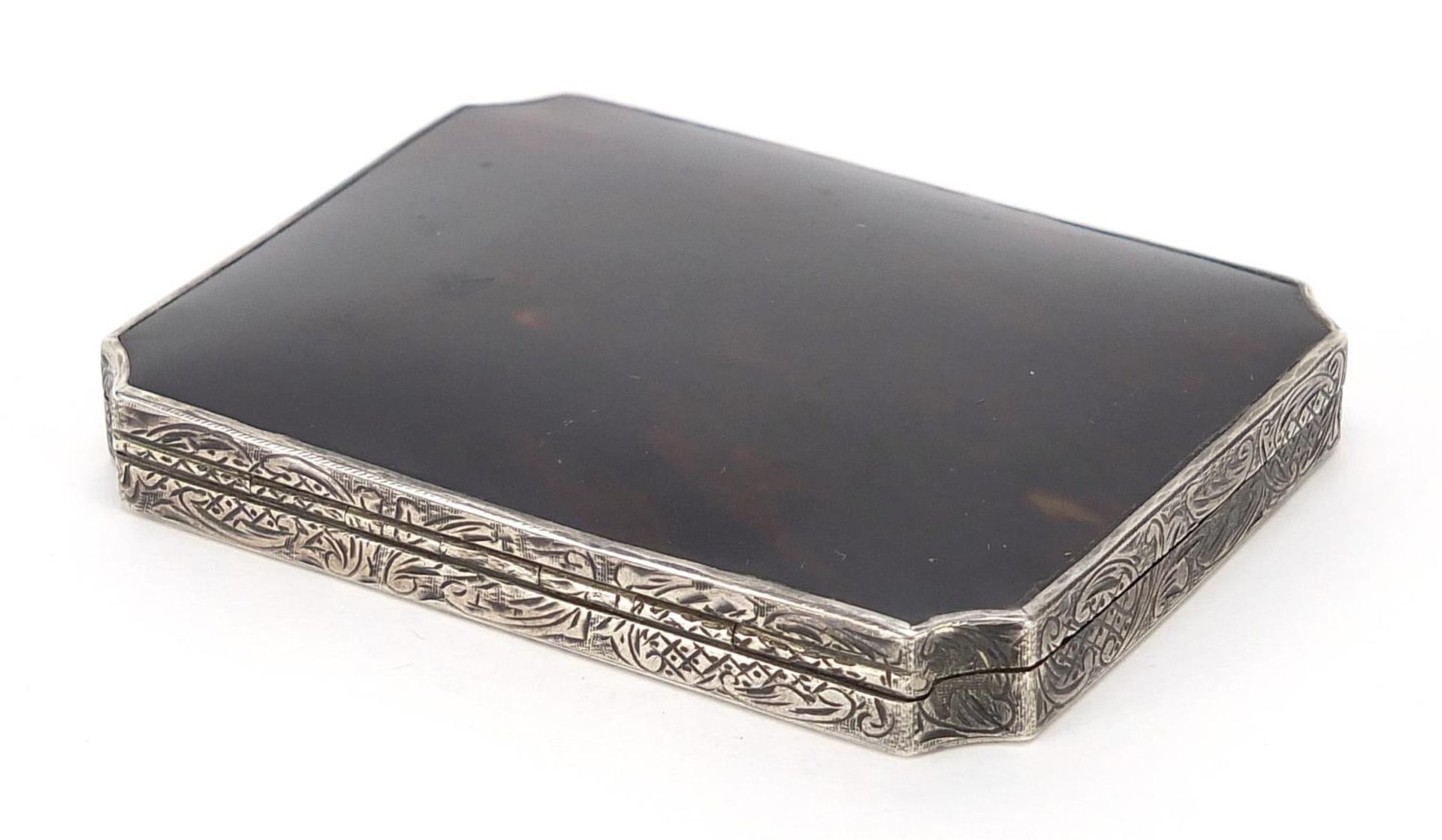 Continental silver and tortoiseshell box with hinged lid and engraved decoration, indistinct - Image 3 of 5