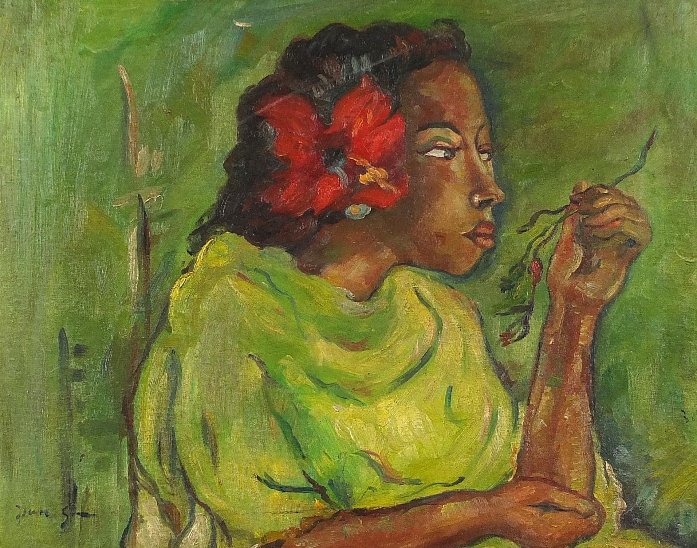 Portrait of an African lady holding flowers, oil on canvas, mounted and framed, 49.5cm x 39.5cm