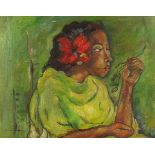 Portrait of an African lady holding flowers, oil on canvas, mounted and framed, 49.5cm x 39.5cm