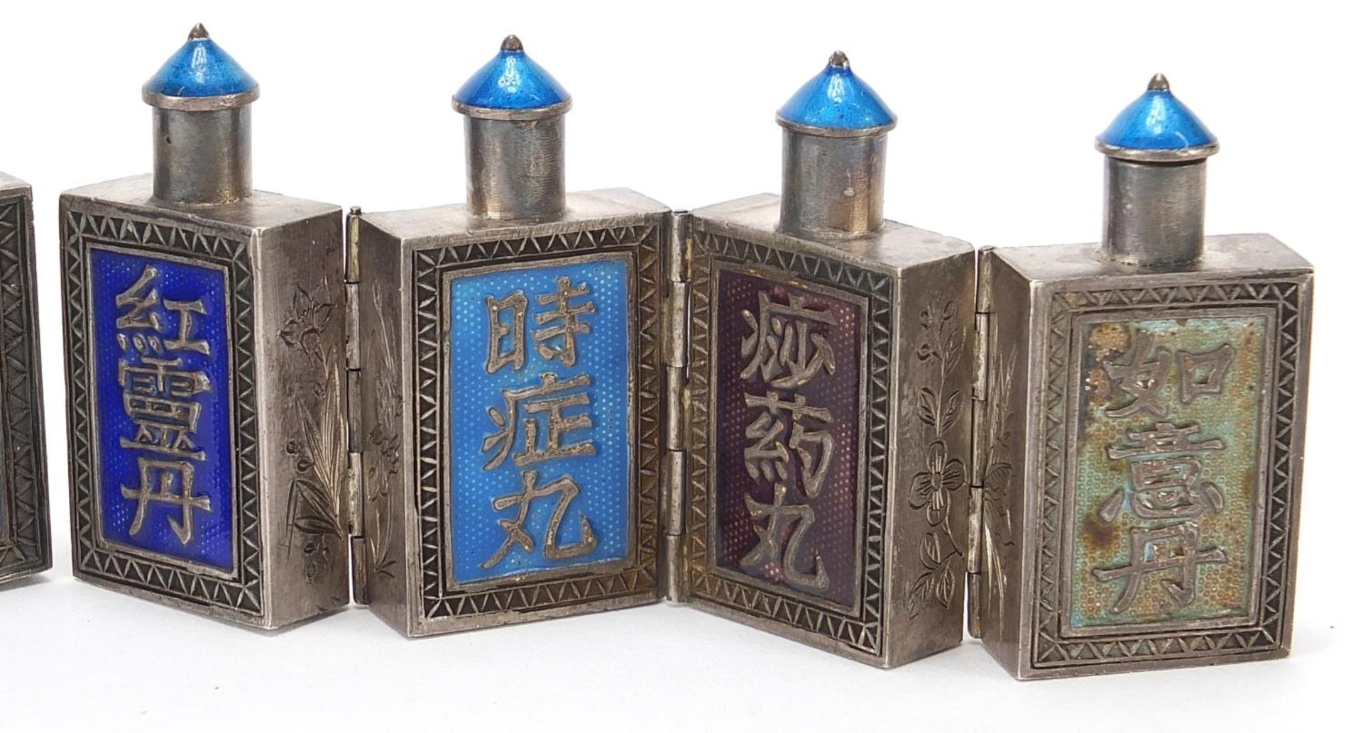 Two Chinese unmarked silver concertina folding four section scent bottles, 8cm wide when opened - Image 6 of 12