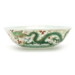 Chinese porcelain bowl hand painted with two dragons chasing a flaming pearl, 20.5cm in diameter