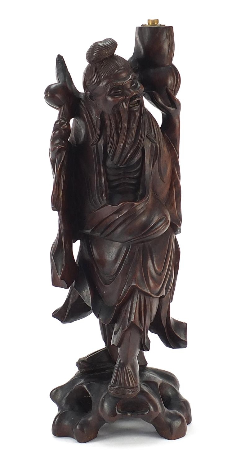 Chinese hardwood lamp carved in the form of an elder, 43.5cm high - Image 3 of 8