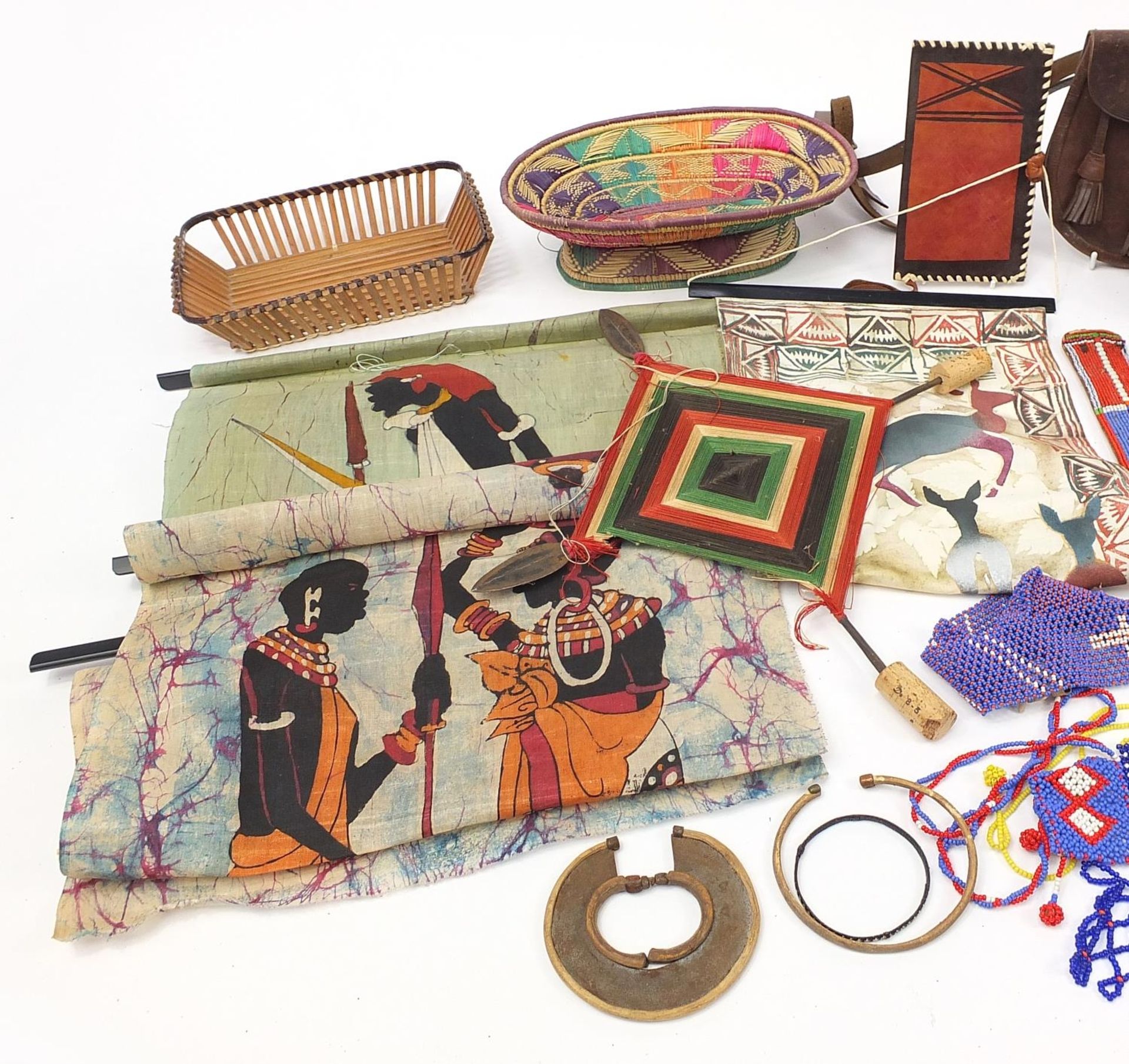 Tribal interest items including a carved wood headrest, gourd vessel with beadwork, tie-dye panels - Image 2 of 5
