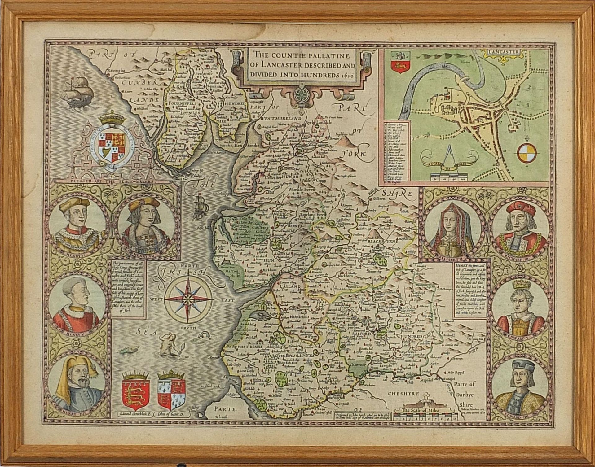 John Speed, Antique hand coloured map of Lancaster, framed and glazed, 55cm x 42cm excluding the - Bild 2 aus 5