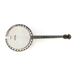 Vintage four string banjo with case, 88cm in length