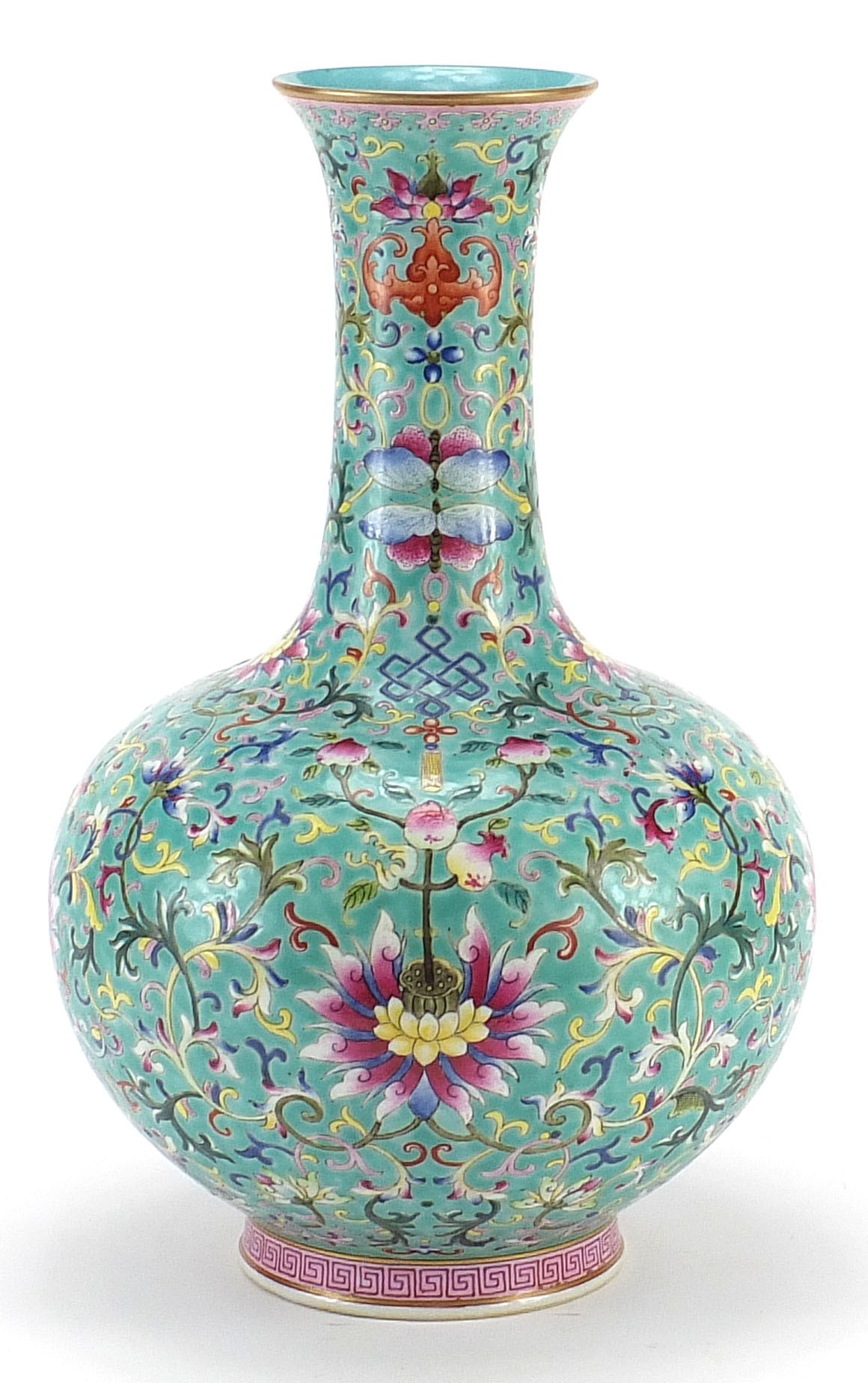 Large Chinese porcelain turquoise ground vase, finely hand painted in the famille rose palette - Image 6 of 11