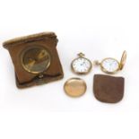 Vintage travel clock and two gold plated full hunter pocket watches comprising Elgin and William