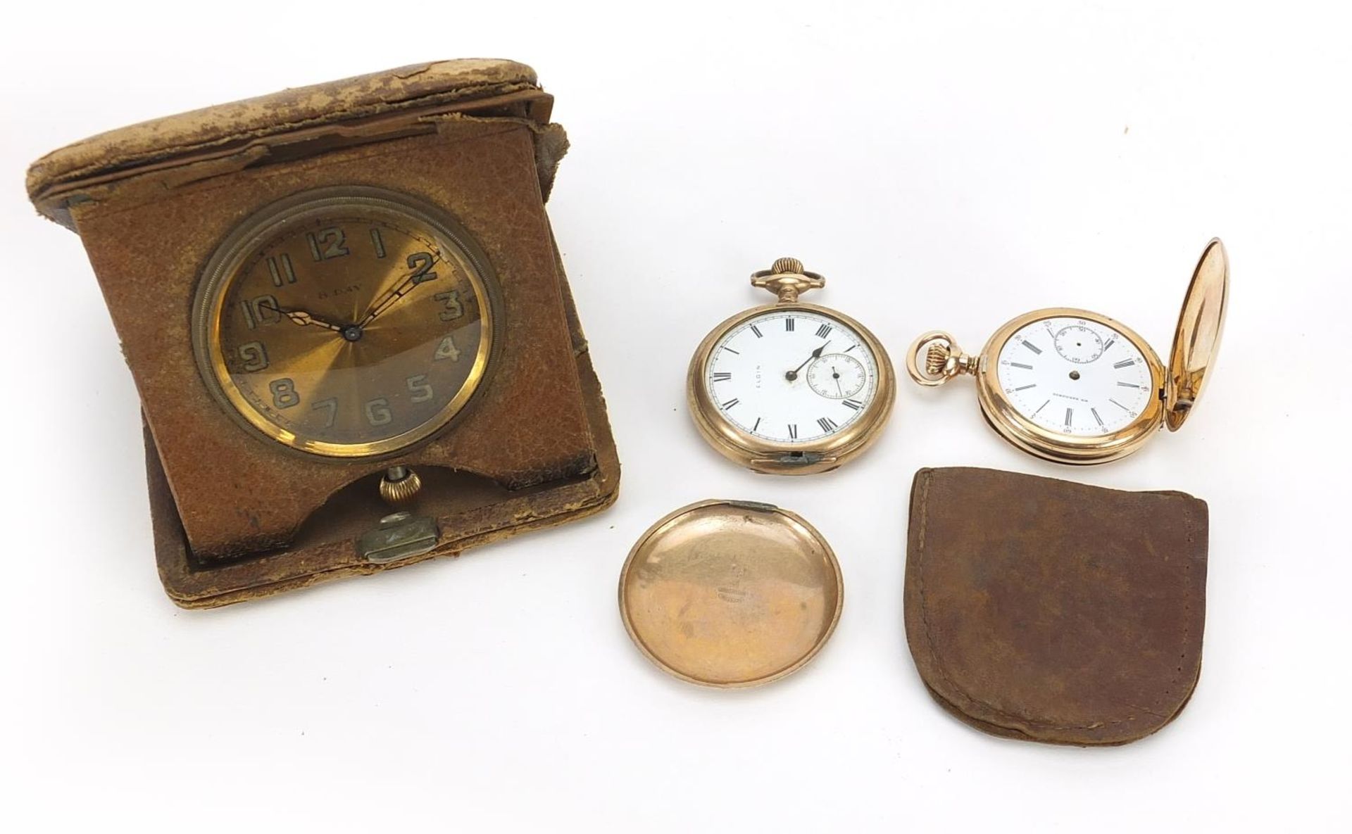 Vintage travel clock and two gold plated full hunter pocket watches comprising Elgin and William