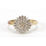 9ct gold diamond three tier cluster ring, size N, 2.2g