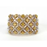 9ct white gold yellow and white diamond cluster ring, size O, 4.7g