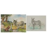 Donkeys, two ink and watercolours, one signed Battram, mounted, framed and glazed, the largest 33.