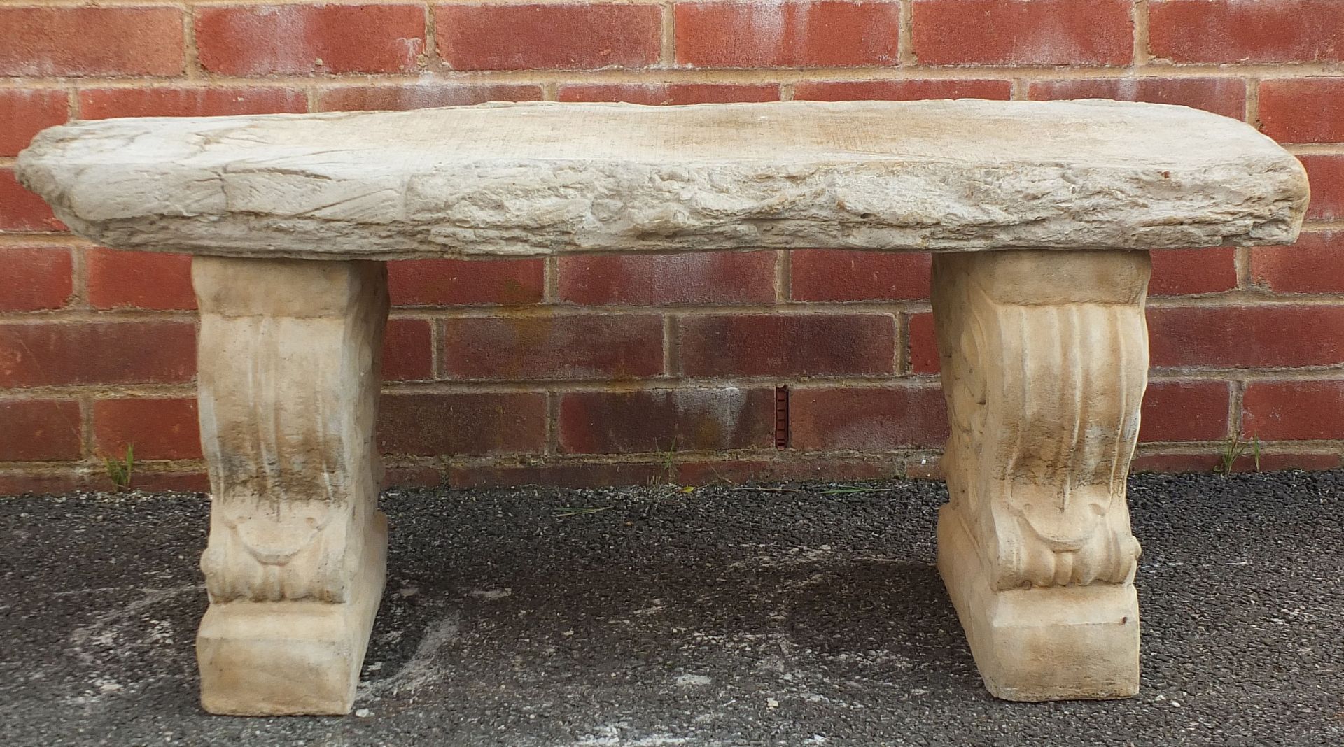 Stoneware garden bench with naturalistic top, 43cm high x 98cm wide