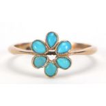 9ct gold turquoise flower head ring, size I, 1.1g