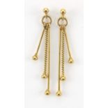 Pair of unmarked gold drop earrings, (tests as 9ct gold) 3cm high, 1.5g