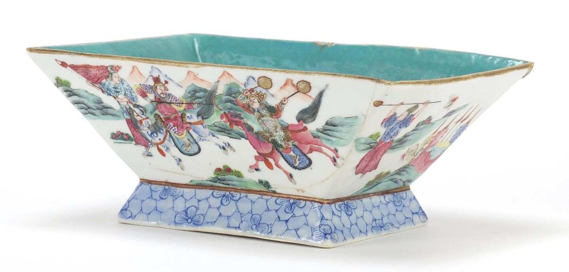 Chinese porcelain planter hand painted in the famille rose palette with warriors, red character mark