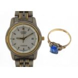9ct gold and silver blue stone ring and a ladies Citizen Eco-Drive titanium wristwatch, the ring