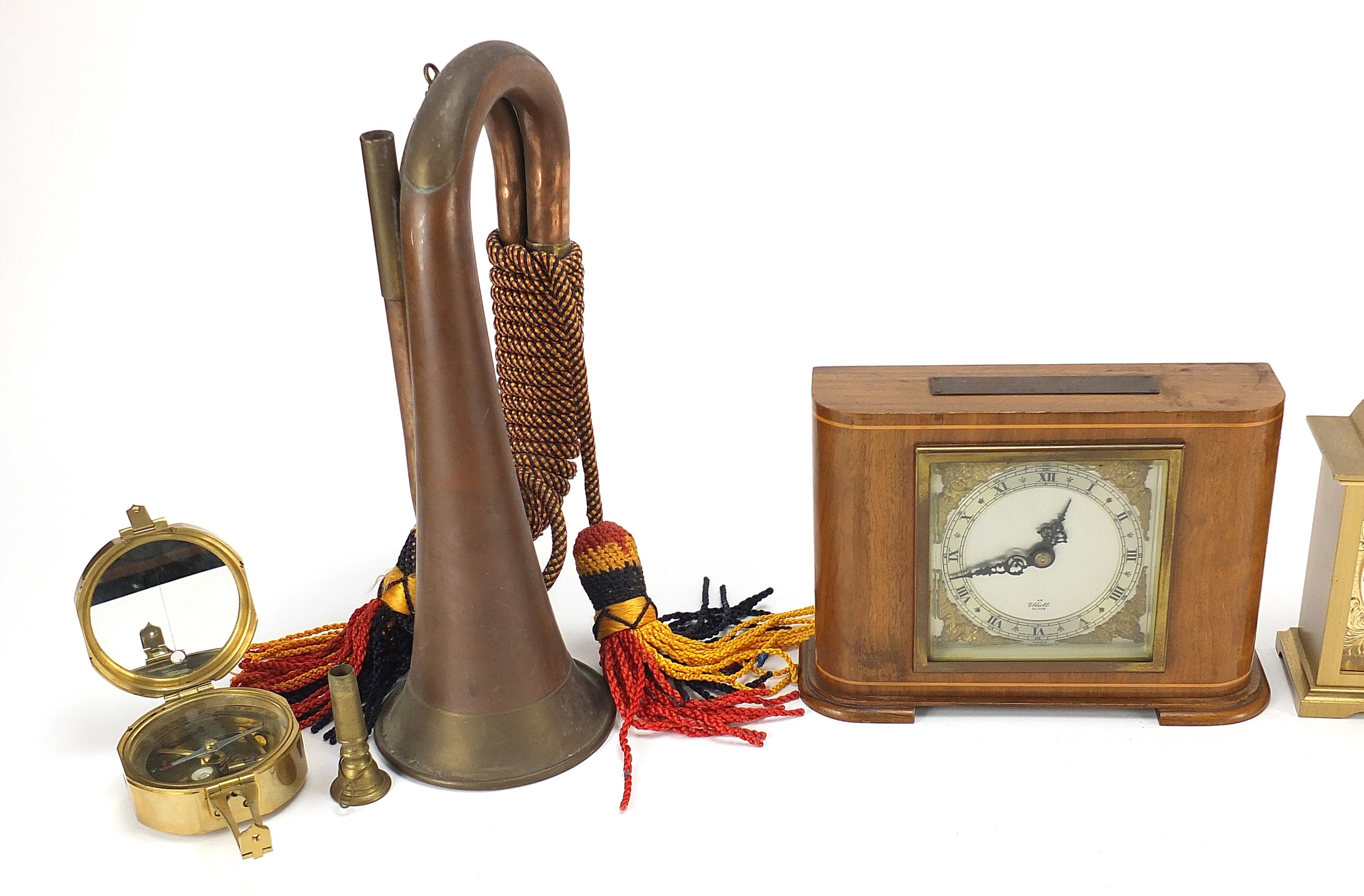 Sundry items including an Elliott mantle clock, military interest copper and brass bugle and a brass - Image 3 of 6