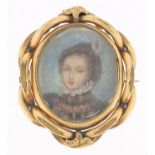 Victorian oval hand painted portrait miniature of a female in Elizabethan dress housed in a gilt