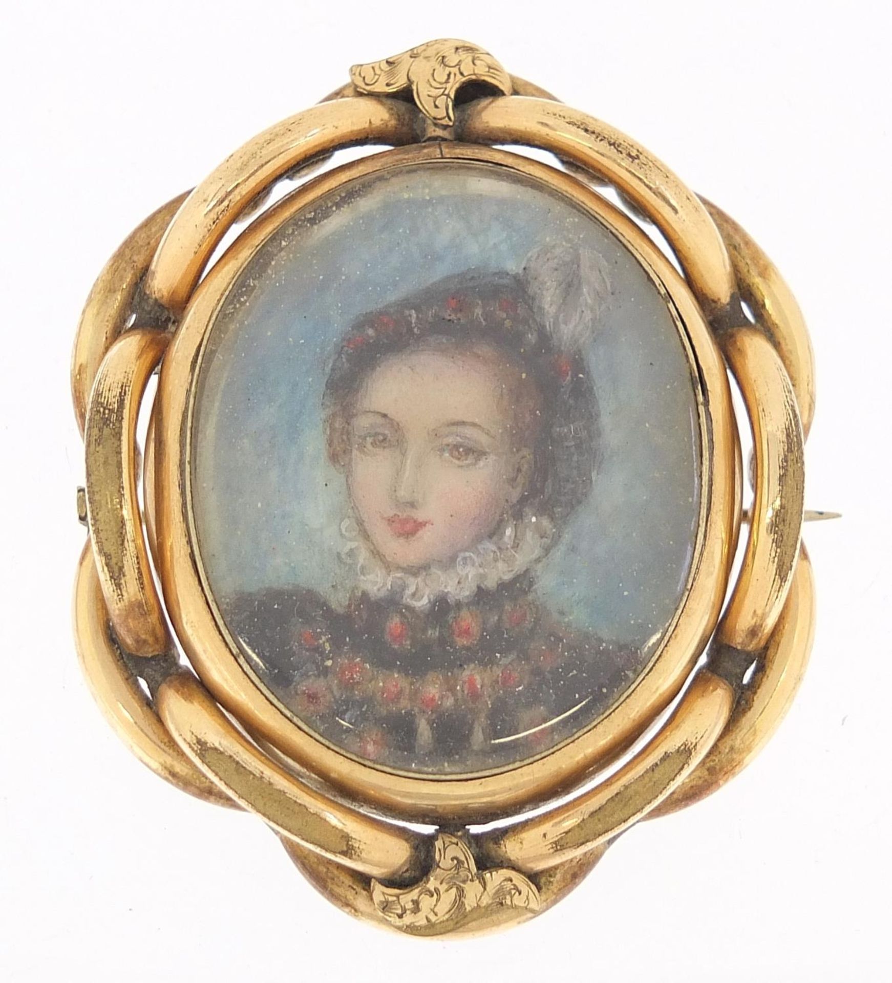 Victorian oval hand painted portrait miniature of a female in Elizabethan dress housed in a gilt