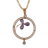 Art Nouveau 9ct gold amethyst pendant on a 9ct gold necklace, 3.5cm high and 54cm in length, total