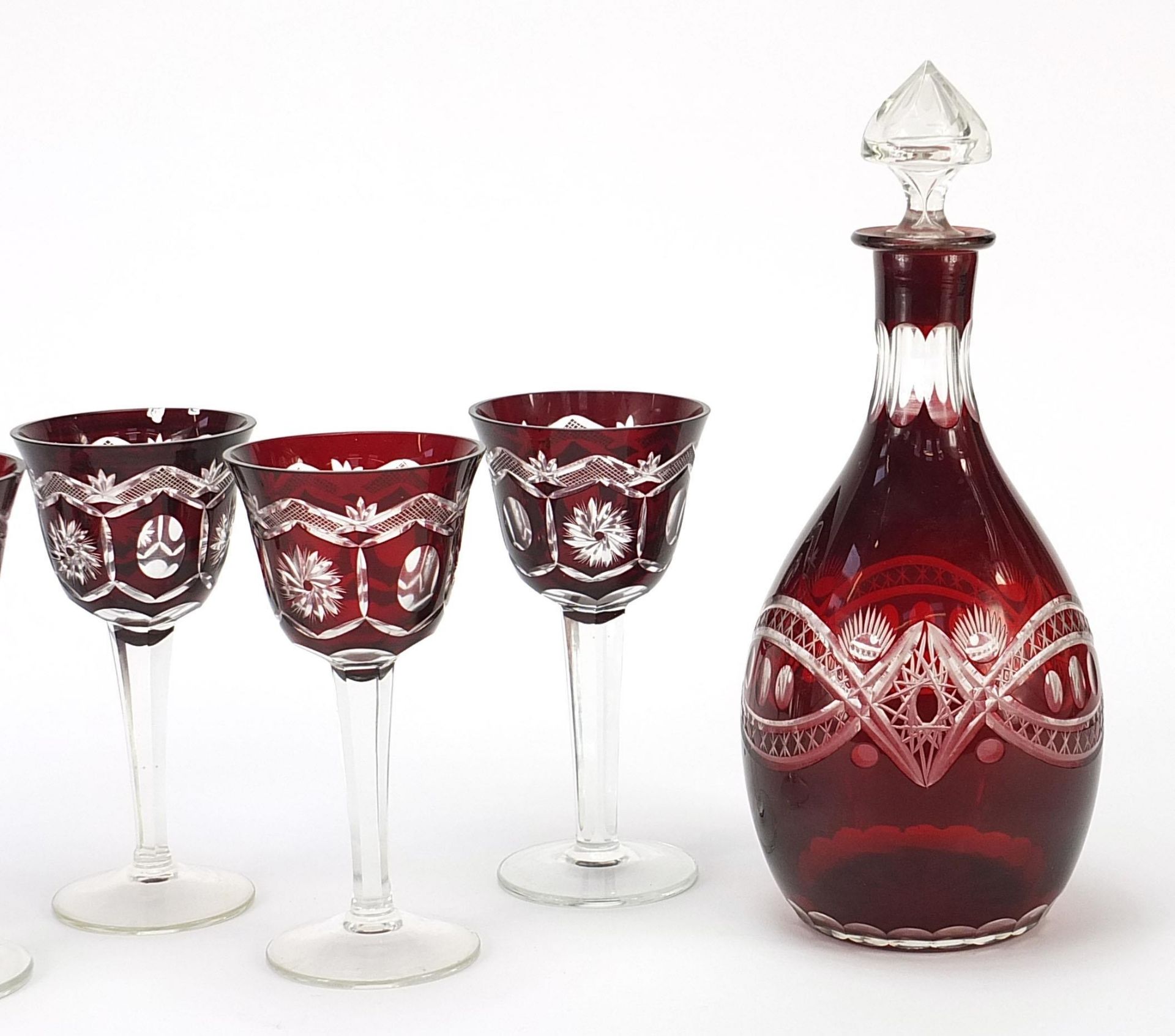 Set of six Bohemian ruby flashed cut glasses and a decanter, the largest 29.5cm high - Image 3 of 6